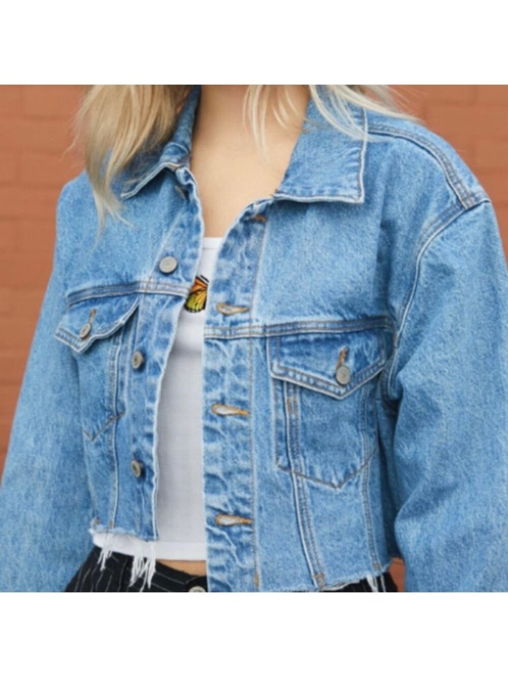 Brandy Melville John Galt Womens Blue Cropped Frayed Denim Jacket Size Small